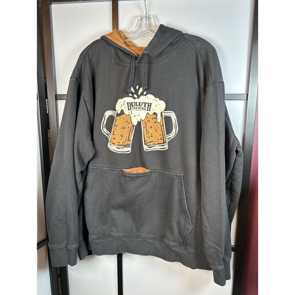 Duluth Trading Co Beer Holder Pocket 3XL Mens Black Relaxed Fit Graphic Hoodie